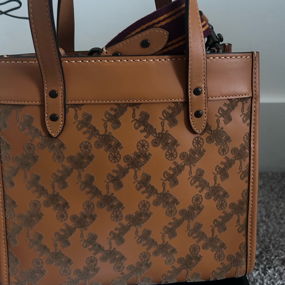 Coach Tan & Maroon Signature Satchel with Striped Detachable Strap